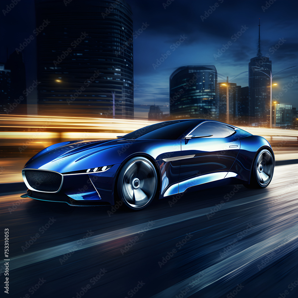 CG Representation of a Sleek, Modern Sports Car against an Urban Background