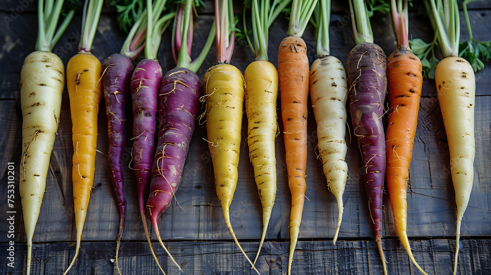 the earthy tones and unique shapes of assorted heirloom carrots, ranging from purple to yellow to white - obrazy, fototapety, plakaty 