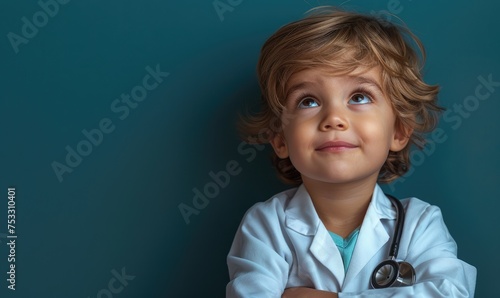 A cute child boy doctor is ...