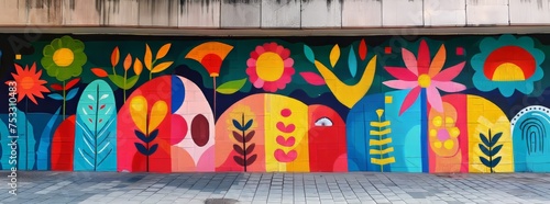 A whimsical, colorful street mural depicting stylized floral and botanical illustrations, evoking a sense of joy and playfulness against an urban backdrop.