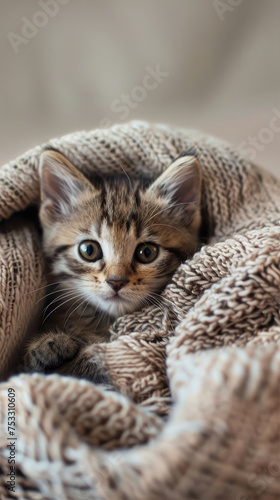 Fluffy Kitten Peeking from Under a Blanket