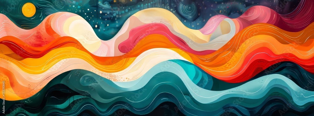 A captivating mural painted with sinuous, wave-like forms in a gradient of warm and cool hues, highlighted by celestial motifs and dynamic splashes of color.