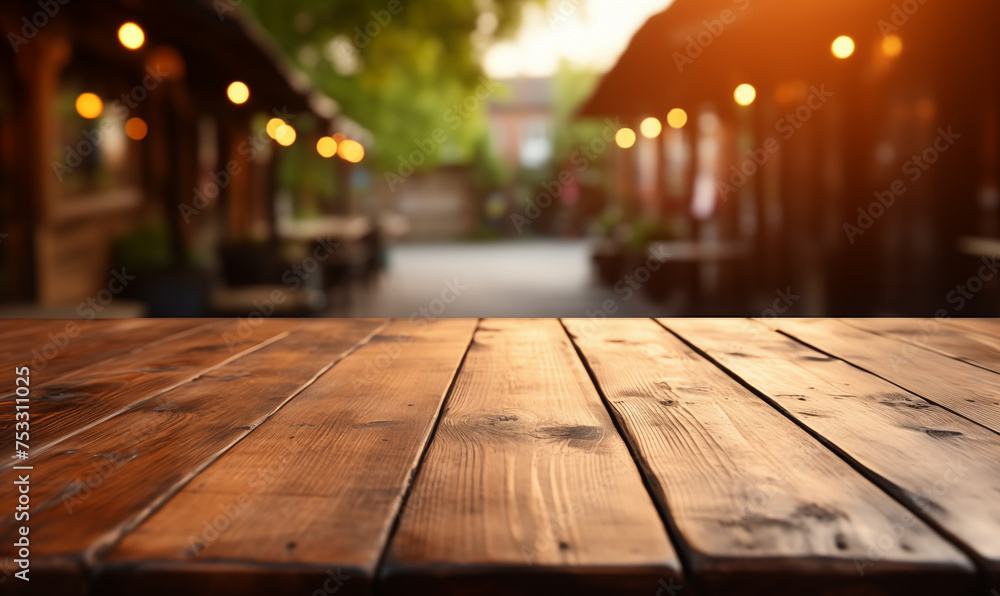 Acercamiento a una mesa rústica de madera vacía de un restaurante en una hermosa calle