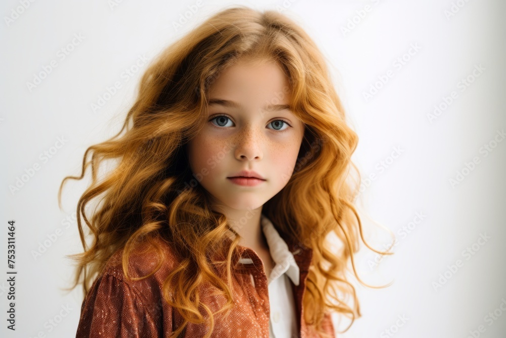 portrait of a beautiful little girl with long curly hair on a white background portrait of a beautiful little girl with long curly hair on a white background