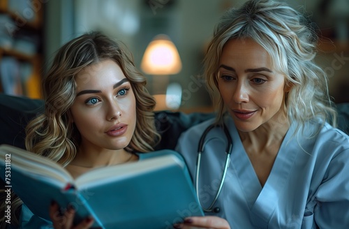 A doctor and a nurse sharing an electric blue book, reading together