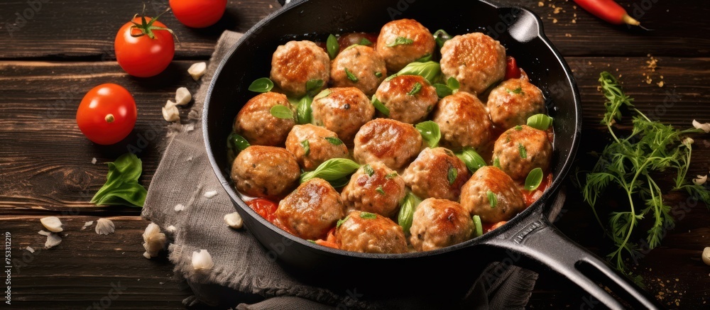Meatballs with delicious spicy tomato sauce in a frying pan served on a wooden table Meatballs with delicious spicy tomato sauce in a frying pan served on a wooden table