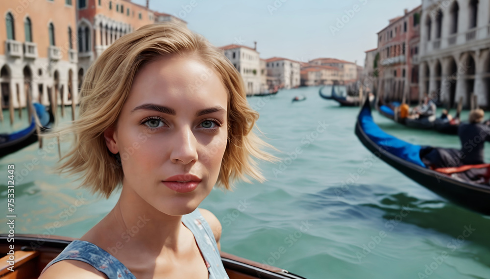 Woman in a gondola in Venice's canals. Vacation in Italy - obrazy, fototapety, plakaty 