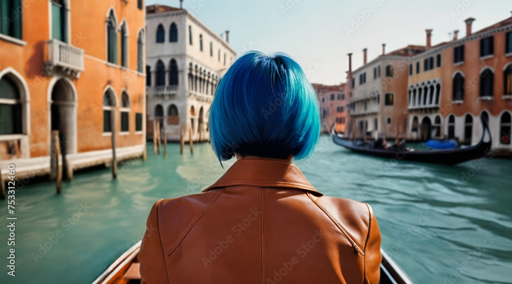 Rear view of a woman in a gondola in Venice's canals. Vacation in Italy - obrazy, fototapety, plakaty 