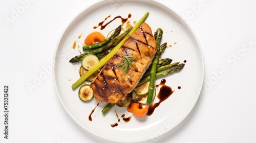 Picture of seared salmon with asparagus, grilled zucchini, carrots, and balsamic glaze on a white round plate against a white background, top view