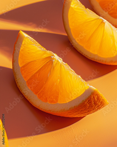 Fresh Orange Fruit Wedges and Slices on Orange and Yellow Background with Copy Space - Citrus Color Tones in Bright and Vivid Hues photo