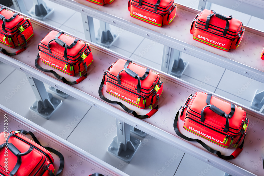 Organized Emergency Medical Bags with Reflective Stripes on Metal Shelves