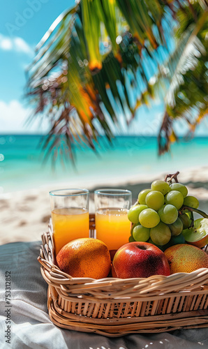 Vibrant Fruit Basket on a White Beach Towel with Ocean View