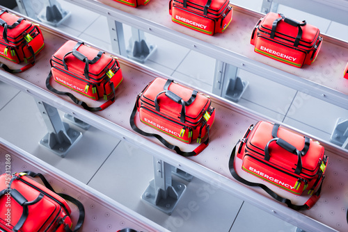 Obraz na płótnie Organized Emergency Medical Bags with Reflective Stripes on Metal Shelves w salonie