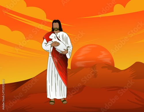 Hand drawn vector illustration of Jesus flying in the cloud sky