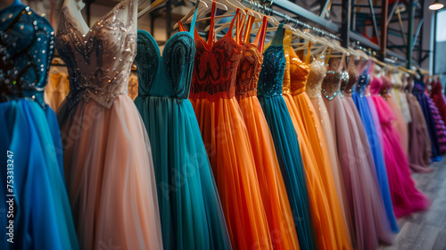 Many Colorful Elegant Formal Dresses on Hangers and for Sale in Luxury Shop or Boutique. Prom Gown, Wedding, Evening, Bridesmaid Dresses.