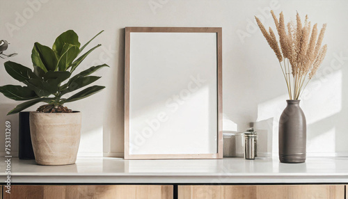 closeup,mockup frame in home interior background,tropical plant,3d rendering 