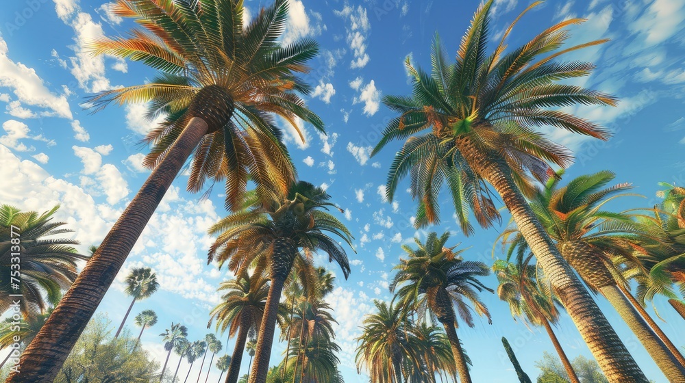 Fototapeta premium Coconut trees and a perfect summer day and tall palms