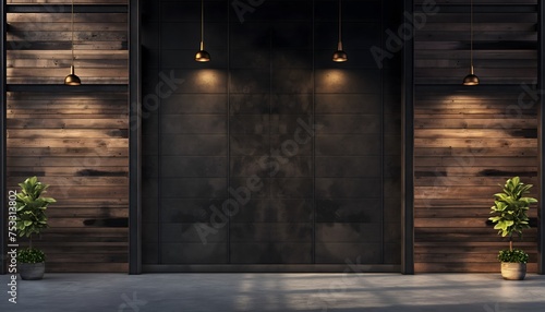 Industrial architecture wall mockup featuring a dark center with wooden panels on both the left and right sides