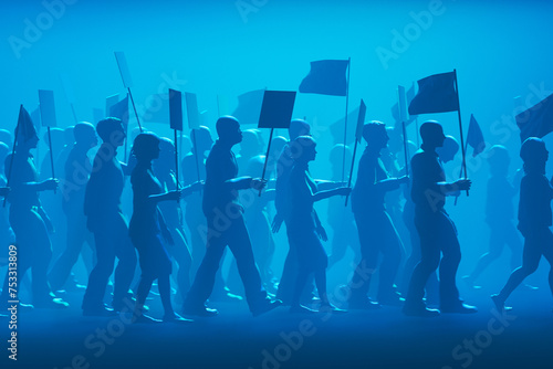 Silhouettes of Protesters with Flags United in a Purposeful March