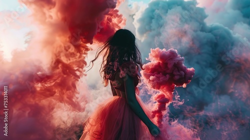 The image shows a woman dressed in a flowing pink dress, standing with her back to the camera amidst vibrant and thick clouds of smoke in shades of pink, red, and blue. Her hair is long and dark, casc photo