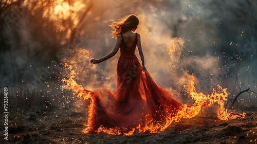 A figure, that appears to be a woman, is seen with her back to the viewer, wearing a flowing red gown that blends into a trail of realistic flames at the bottom. Her hair is blown by the wind, contrib