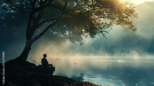 A serene morning scene of a person sitting by a tranquil lake with light fog hovering over the surface of the water. Rays of sunlight filter through the branches of a large tree to the left of the ima
