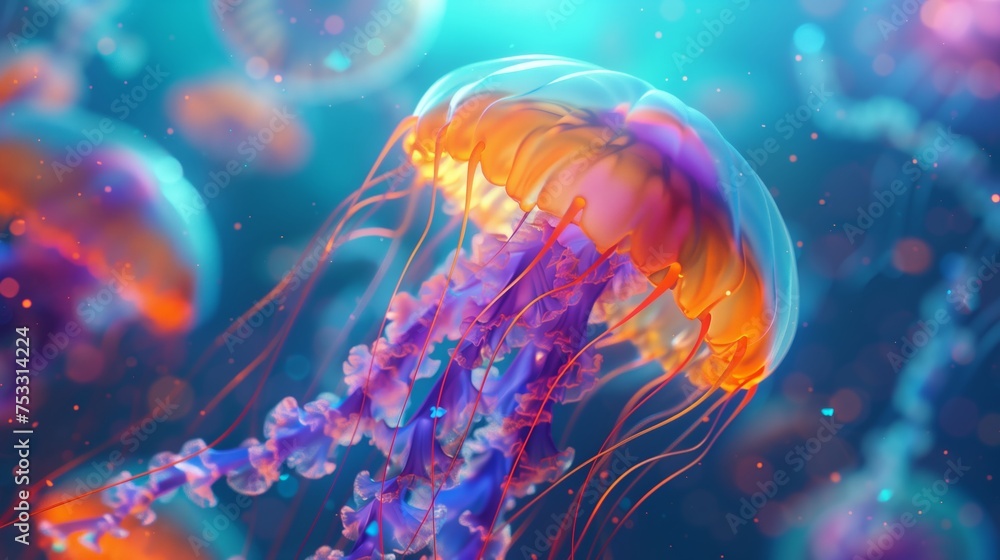 A jellyfish swimming in the ocean, in the style of glowing colors. Generated by artificial intelligence. A jellyfish swimming in the ocean, in the style of glowing colors. Generated by artificial intelligence.