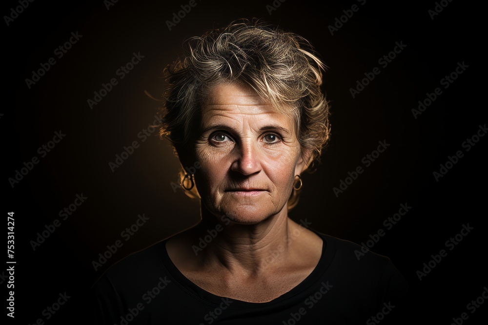 Portrait of an elderly woman on a black background. Toned.