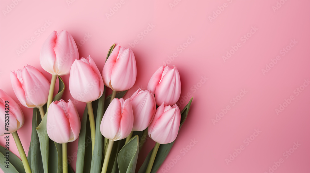 Bouquet of spring flowers, pink tulips lying on pastel empty background.