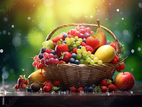 Hyperrealistic fruit basket art with bokeh effects