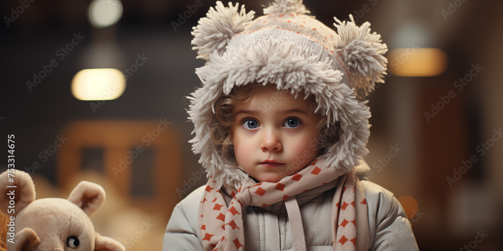 Portrait of a cute little girl in a winter hat and scarf - obrazy, fototapety, plakaty 
