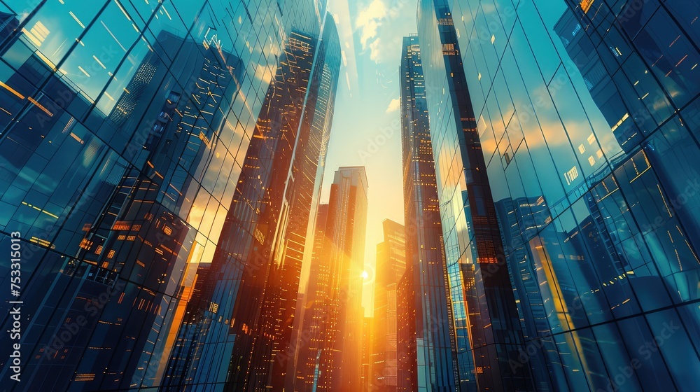 Picture of modern skyscrapers of a smart city Futuristic financial district with buildings and reflections Blue background for corporate and business templates