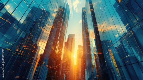 Picture of modern skyscrapers of a smart city Futuristic financial district with buildings and reflections Blue background for corporate and business templates