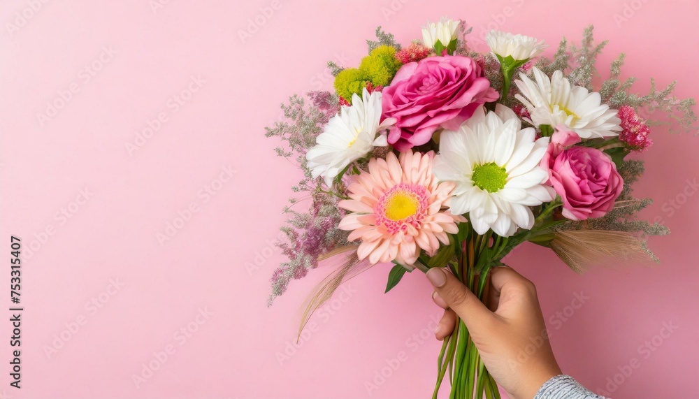 Female hand with bouquet of beautiful flowers on pink color background, text space Female hand with bouquet of beautiful flowers on pink color background, text space