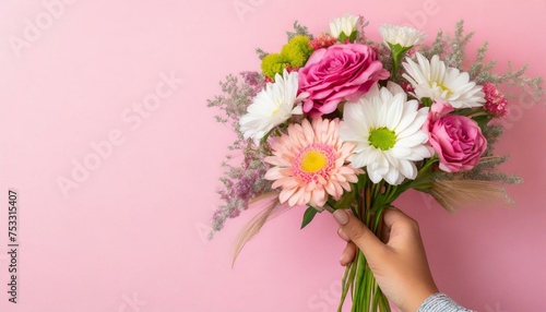 Female hand with bouquet of beautiful flowers on pink color background, text space