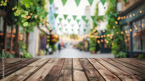 Empty wooden table on blurry city street surface with green holiday garlands and St. Patrick's Day flags, nature background.