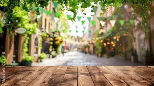 Empty wooden table on blurry city street surface with green holiday garlands and St. Patrick s Day flags  nature background.