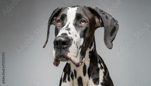 Studio headshot portrait of harlequin Great Dane looking forward against a light gray background