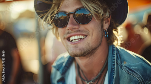 Young man with sunglasses and hat smiling outdoors