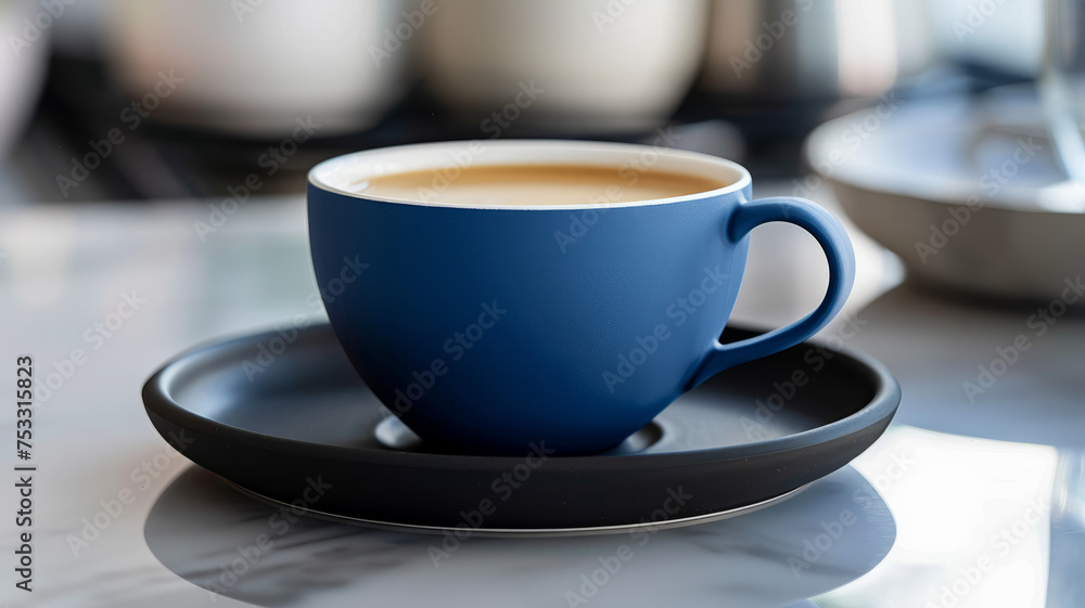 Blue coffee cup on saucer.