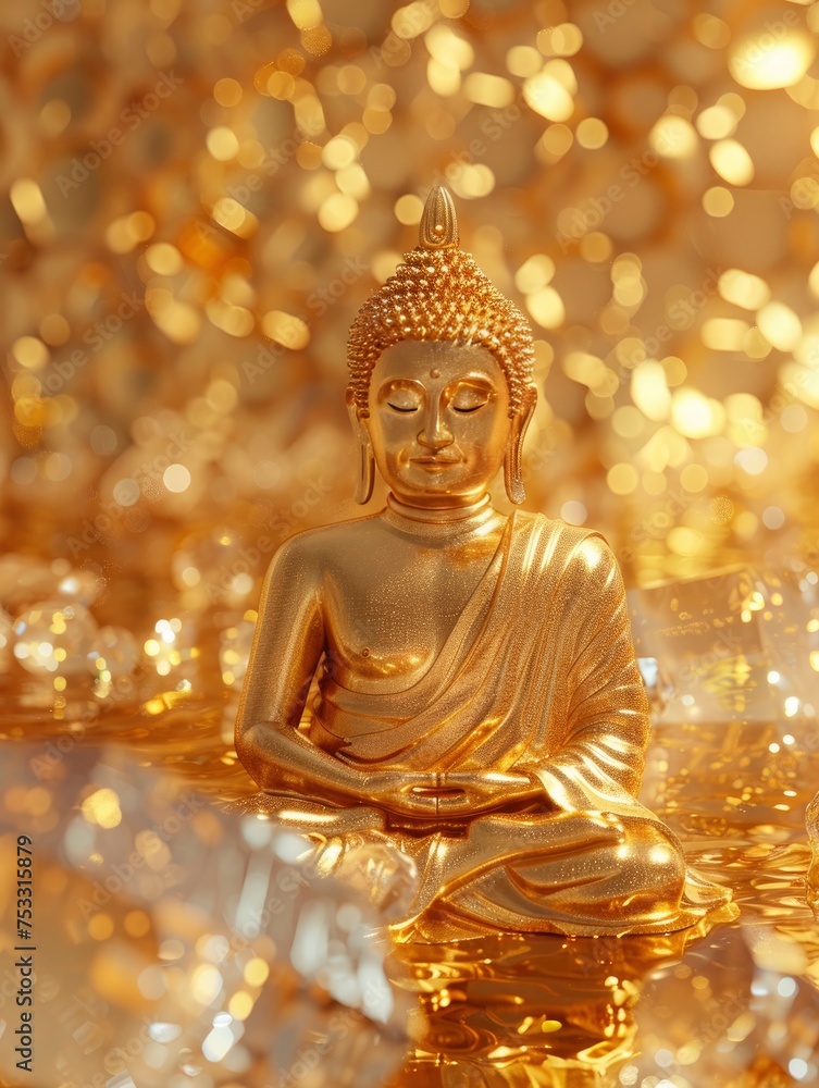 A golden Buddha statue in a golden background, clear, cute and dreamy, sparkling, I can't believe how beautiful this is, poolcore, copy space - generative ai A golden Buddha statue in a golden background, clear, cute and dreamy, sparkling, I can't believe how beautiful this is, poolcore, copy space - generative ai