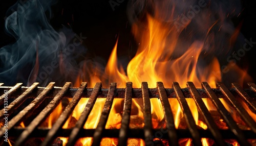 Barbecue Grill With Fire Flames - Empty Fire Grid On Black Background