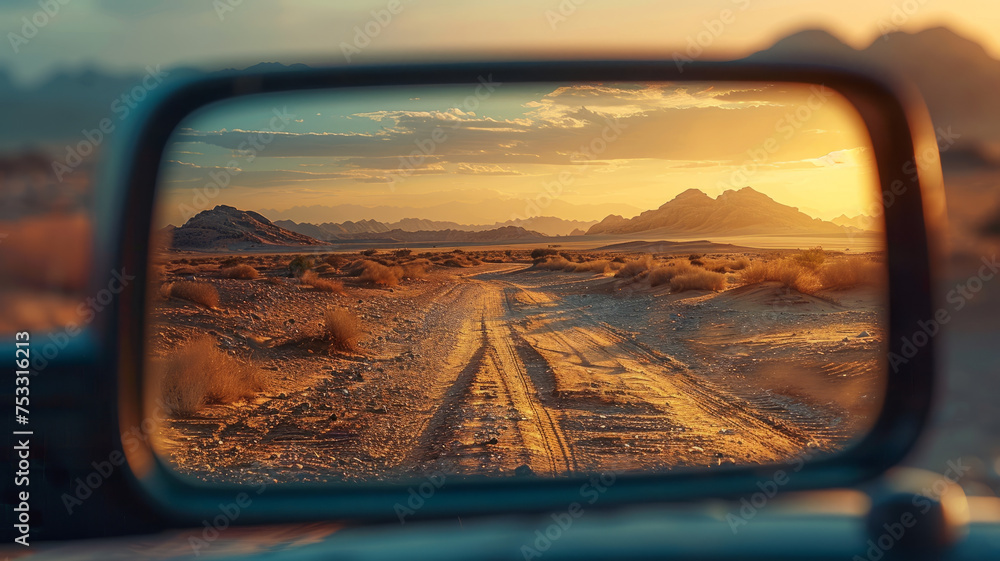 Rearview mirror showing a desert road at sunset. - obrazy, fototapety, plakaty 