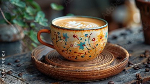 A decorated ceramic mug with latte art on a wooden table