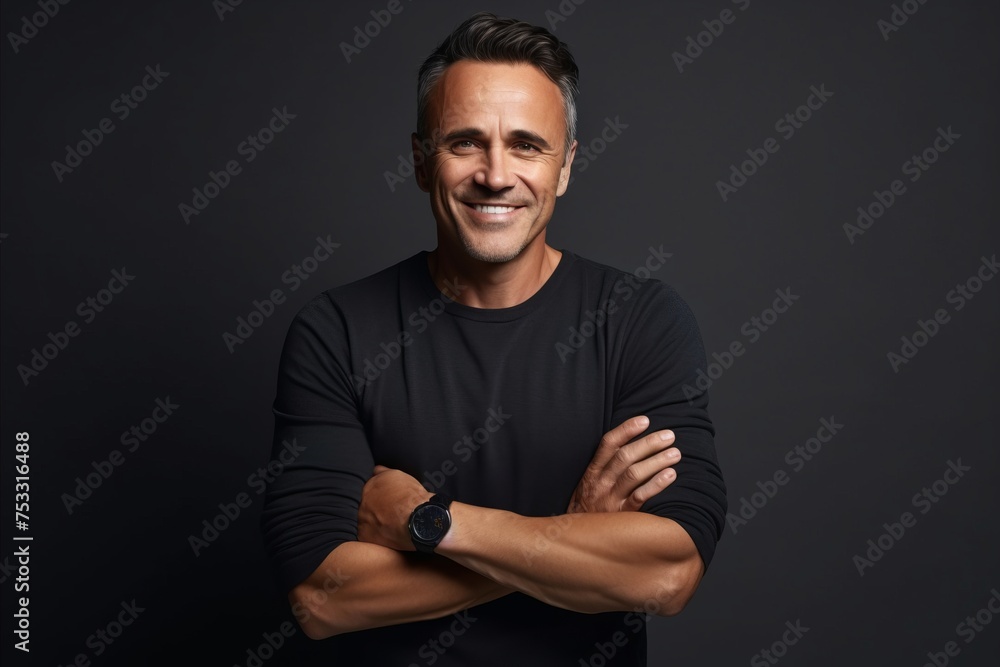 Portrait of handsome mature man in black t-shirt with crossed arms. Portrait of handsome mature man in black t-shirt with crossed arms.