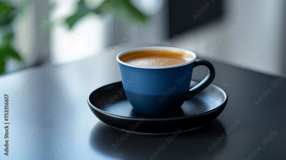Photo of a blue coffee cup on a saucer. Photo of a blue coffee cup on a saucer.