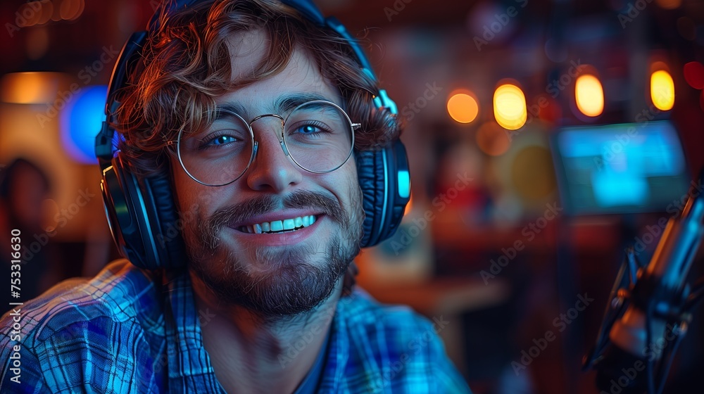 a man wearing headphones and glasses is smiling while playing a video game a man wearing headphones and glasses is smiling while playing a video game