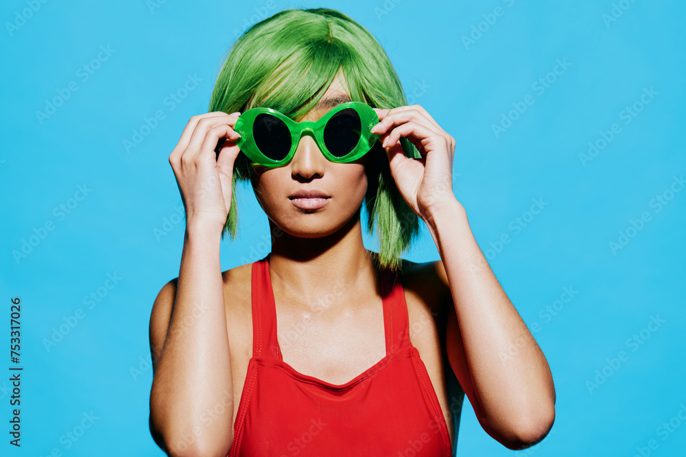 Smile woman summer trendy fashion portrait beauty sunglasses wig stylish swimsuit
