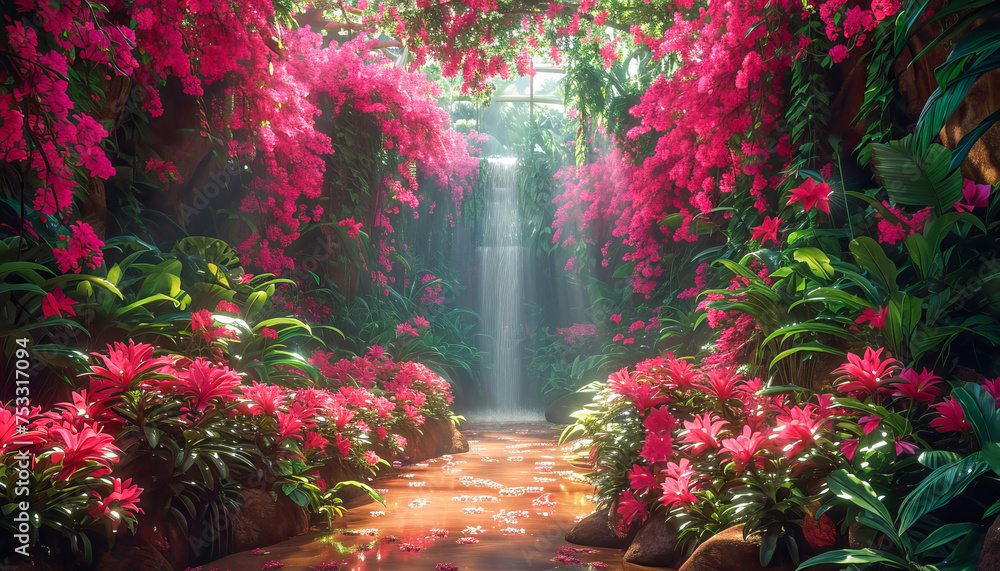 Waterfall and Garden with an Enchanted Atmosphere, National Garden Month, May	