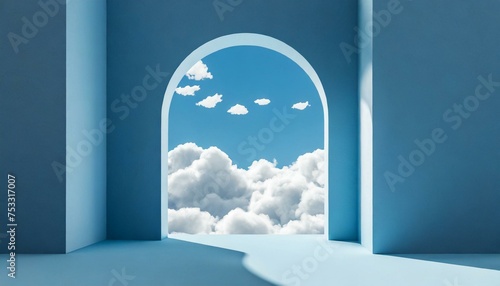 Abstract minimal blue background with white clouds flying out the tunnel 